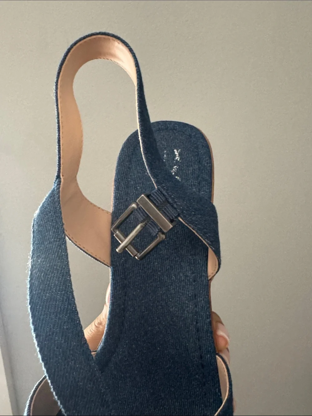Mix No. 6 Denim Blue Platform Sandal with Wood-Tone Heel